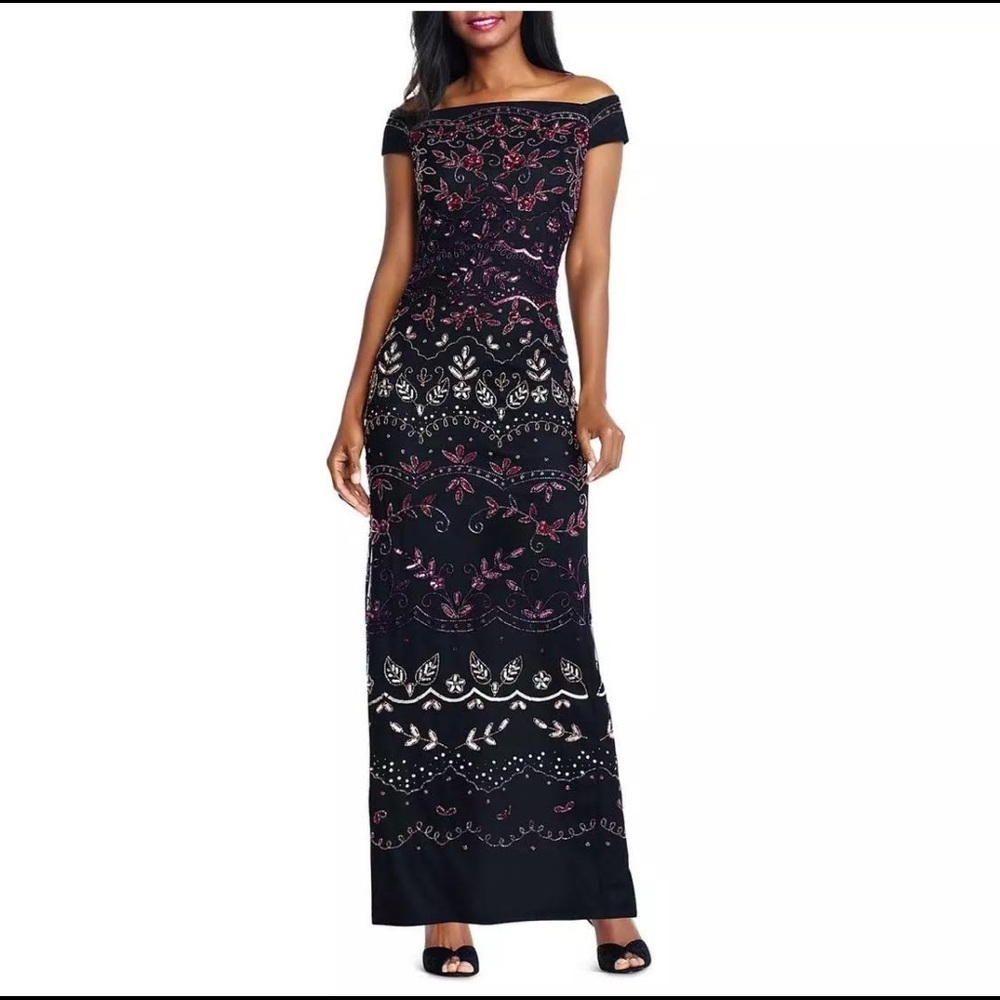 Adrianna Papell Black Multi-Color Beaded off Shoulder Gown 14